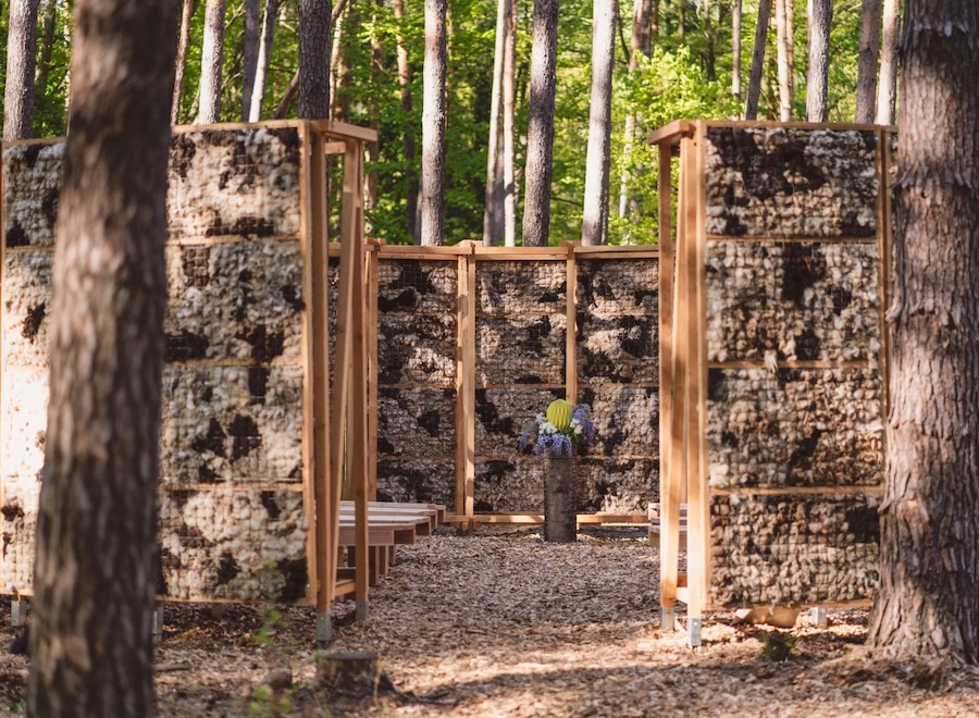 Andachtsplatz im Bestattungswald Alt Madlitz mit Holzbänken und einem Holzstamm um die Urne abzustellen